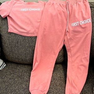 Velour sweat outfit. Size small. Peach. Mini shirt and elastic waist pants.